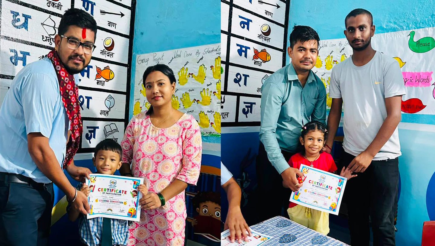 वीरगञ्जमा साना बालबालिकाको सिर्जनशीलता उजागर गर्दै फर्स्ट स्टेप प्रि–स्कुलमा कलरिङ प्रतियोगिता